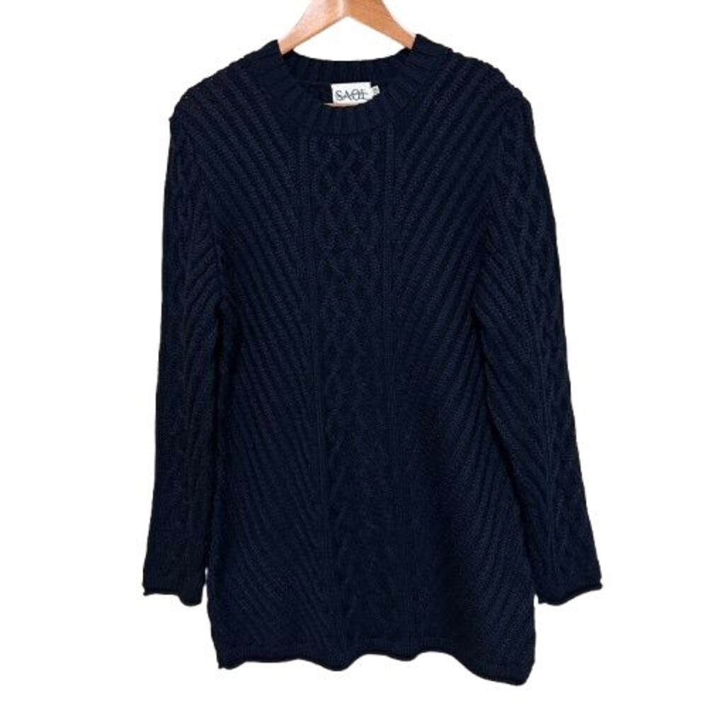 SAOL Irish Sweater Womens XXL Navy Blue Wool Blend Cable Knit Fisherman Jumper